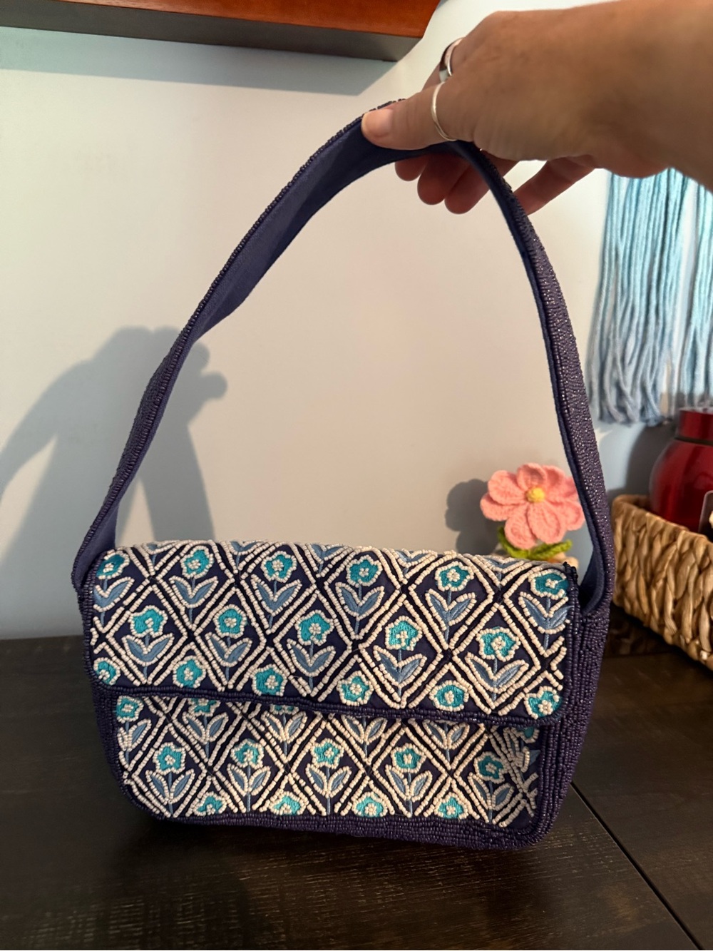 Navy Beaded Floral Pattern Shoulder Bag